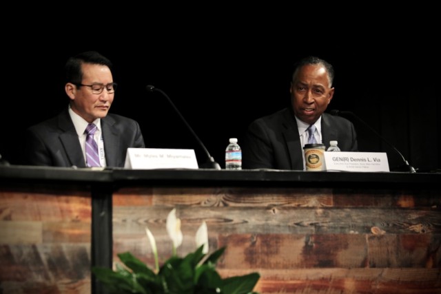 Miles Miyamasu, AMC acting deputy chief of staff for operations, G-3, and retired Gen. Dennis Via participate in a Contemporary Military Forum on “Sustaining the Army of 2040” at the Association of the U.S. Army Global Force Symposium, March 29 in Huntsville.