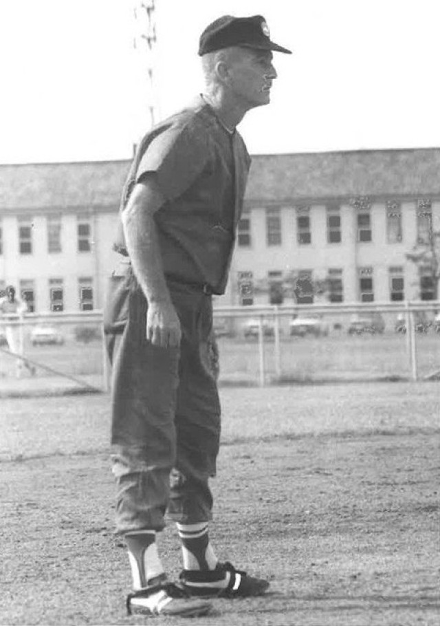 Col. David B. Hannum Jr. plays third base for the post softball team at Camp Zama, Japan. The U.S. Army Garrison Japan headquarters building was renamed in honor of Hannum, who previously served as commander of U.S. Army Garrison Honshu, during a ceremony April 5, 2023.
