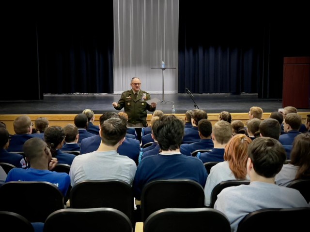 Maj. Gen. Miles Brown, commander of the U.S. Army Combat Capabilities Development Command, speaks to students at his alma mater Belton-Honea Path High School in Honea Path, South Carolina on April 4, 2023. Brown visited several schools in South Carolina to share his story as an Army officer and challenge students to consider a career with the Army, in or out of uniform, and how it can unlock limitless possibilities to pursue their passions. 