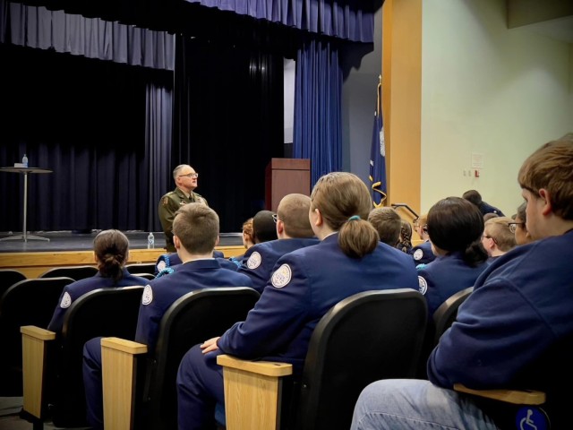 Maj. Gen. Miles Brown, commander of the U.S. Army Combat Capabilities Development Command, speaks to students enrolled in JROTC at his alma mater Belton-Honea Path High School in Honea Path, South Carolina on April 4, 2023. 