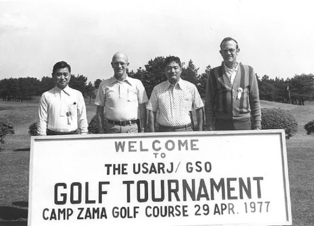 Col. David B. Hannum Jr., second from left, poses for a photo during a golf tournament at Camp Zama, Japan, April 29, 1977. The U.S. Army Garrison Japan headquarters building was renamed in honor of Hannum, who previously served as commander of...