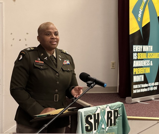 Lt. Col. Leslie M. Latimore-Lorfils, Army recovery care division chief of the Army Recovery Program delivers a speech to kick-off SAAPM at Smallwood Hall April 3, 2023.  The 2023 SAAPM theme is ‘Intervene. We are a Team: There is an ‘us’ in...