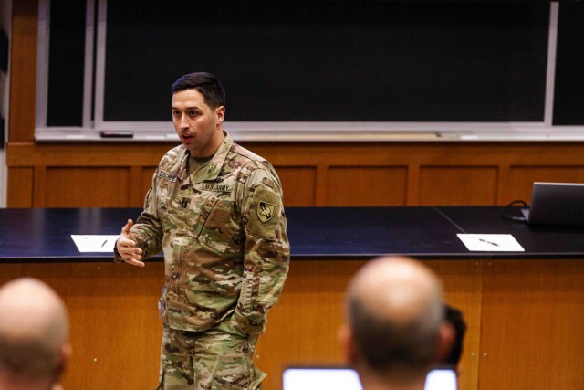 Capt. Nicholas Deschenes, an instructor at the Department of Physics and Nuclear Engineering giving an opening speech about West Point&#39;s sounding rockets/ space weather research before introducing Dr. Robert Pfaff, a NASA program scientist for...