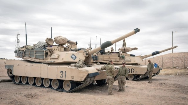 Abrams Main Battle Tanks on the Fort Bliss Training Complex near Alamogordo, N.M., March 18, 2023. Soldiers from 1st Battalion, 37th Armor Regiment held a family day on the range near the end of their home station training to solidify the bonds between families and the unit. (Photo by Spc. Sederius Stover, 1st Battalion, 37th Armor Regiment)