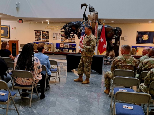 Lt. Gen. Sean Bernabe, III Armored Corps and Fort Hood commanding general, addresses the audience at the proclamation ceremony March 30, 2023, at Fort Hood, Texas. (U.S. Army photo by Janecze Wright, Fort Hood Public Affairs)