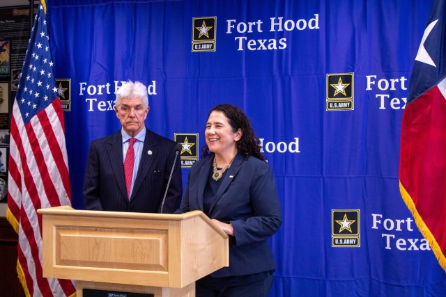 Isabella Casilla Guzman, administrator of the U.S. Small Business Administration, speaks at press conference alongside Rep. Roger Williams (TX-25), chairman of the House Small Business Committee, March 31, 2023, at Fort Hood, Texas. Guzman and...
