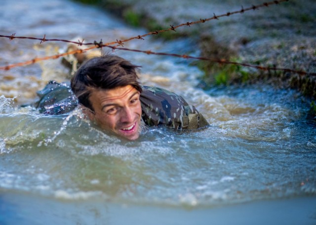 A U.S. Army Ranger navigates through the Malvesti Obstacle Course