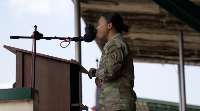 Sgt. Novelyn Ocampo from 2-11 Field Artillery, Division Artillery, 25th ID delivers a beautiful rendition of the U.S. National Anthem and the Philippine National Anthem.