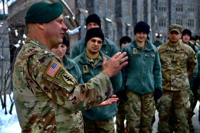 WEST POINT, N.Y. – Medal of Honor recipient Master Sgt. Earl Plumlee speaks to cadets at the U.S. Military Academy at West Point, N.Y., on the merit and difficulty of making tough decisions while in combat, March 1, 2023. On March 25 in Pentagon City, Plumlee participated in a National Medal of Honor Day media event hosted by the Congressional  Medal of Honor Society.