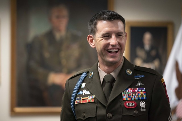 Sgt. Maj. Thomas Payne shares a laugh during his visit to the Pentagon, on Sept. 10, 2020. Payne received the Medal of Honor by President Donald J. Trump at the White House on Sept. 11, 2020 for his actions on Oct. 22, 2015 during a nighttime hostage rescue in Iraq. Payne along with other Medal of Honor recipients took part in a special awards ceremony commemorating National Medal of Honor Day on March 25, 2023 in Pentagon City. 