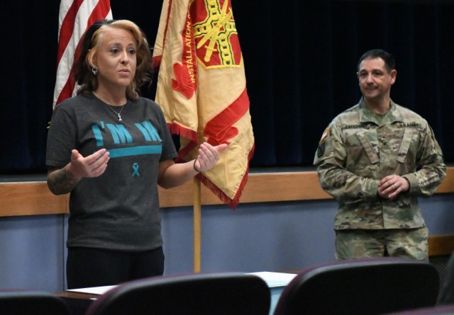 Nichol Borland, garrison sexual assault response coordinator, thanked Fort Drum civilian employees for supporting Sexual Assault Awareness and Prevention Month during a town hall meeting April 11 at the Multipurpose Auditorium. (Photo by Mike Strasser, Fort Drum Garrison Public Affairs)