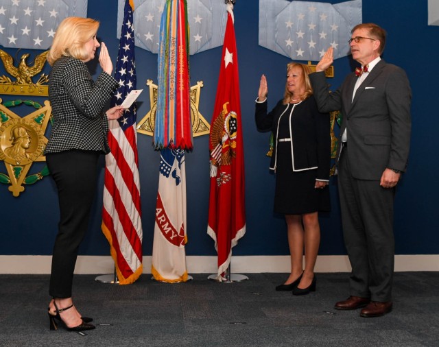 The U.S. Army appointed two new Civilian Aides to the Secretary of the Army during an investiture ceremony on April 11, 2023, at the Pentagon, as Secretary of the Army Christine Wormuth swore in Leslie Purser from Tennessee (East) and Jason Allen from Michigan (North). 