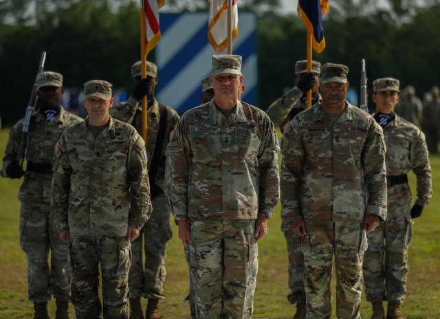 TeMaj. Gen. Charles Costanza, the commanding general for the 3rd Infantry Division, Command Sgt. Maj. Quentin Fenderson, the outgoing senior enlisted advisor for 3rd ID, and Command Sgt. Maj. Jonathan Reffeor, the division’s new senior enlisted advisor, prepare to march back after exchanging the division colors during a change of responsibility ceremony at Cottrell Field on Fort Stewart, Georgia, April 6, 2023. A change of responsibility ceremony is rich in military symbolism and heritage and reinforces the role of the noncommissioned officer in the Army, highlighting their role as a bridge between the commander and the formation&#39;s enlisted Soldiers. (U.S. Army photo by Pfc. Bernabe Lopez III, 50th Public Affairs Detachment)st