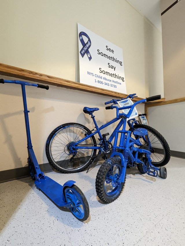 The Fort Drum Family Advocacy Program’s Blue Bike Project hopes to draw the attention of Soldiers and family members at Clark Hall and to raise awareness during Child Abuse Prevention Month in April. (Photo by Mike Strasser, Fort Drum Garrison...