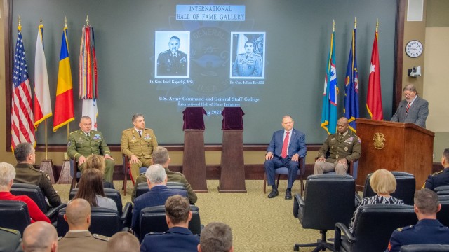 The Command and General Staff College inducted leaders from the Czech Republic and Romania into its International Hall of Fame at the Lewis and Clark Center on Fort Leavenworth April 11. The full ceremony is available on Facebook at https://www.facebook.com/USACGSC/videos/523336216448366/. Inductees are: Lt. Gen. Josef Kopecký, Czech Republic, Commander of the Joint Operations Command, Czech Republic Land Forces and Lt. Gen. Iulian Berdilӑ, Romania, Chief of Land Forces Staff.