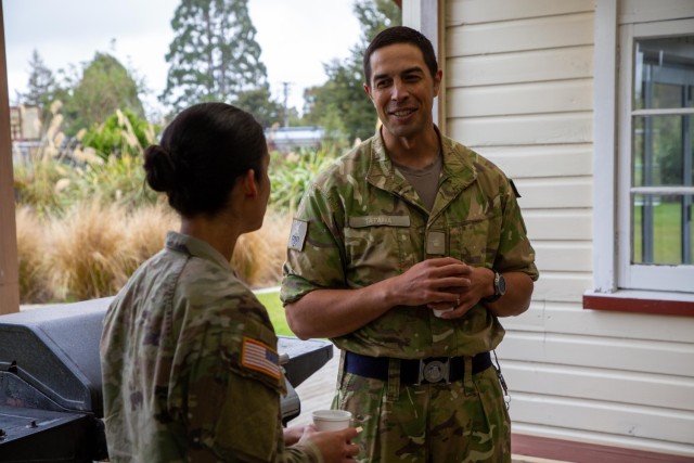 U.S. Army Capt. Molly Libowski, a civil affairs officer assigned to 3rd Infantry Brigade Combat Team, 25th Infantry Division, speaks with a member of 1st Brigade New Zealand Army March 29, 2023 at Waiouru Military Camp, North Island, New Zealand. Soldiers and Officers from 3rd Infantry Brigade Combat Team and 1st Brigade New Zealand Army worked together to enhance relationships and understanding and to prepare for upcoming training exercises across the Indo-Pacific region. 
