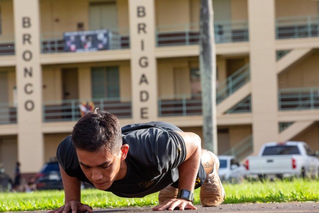 A U.S. Army Solider assigned to the 25th Infantry Division completes the push-up portion of the West Point Service-Connected Application (SCA) Process April 13, 2023 at F-quad, Schofield Barracks, Hawaii. Every applicant completed a kneeling...