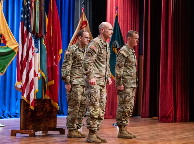(Fort Benning, Ga) - Command Sgt. Maj. Jerry L. Dodson assumes responsibility as the U.S. Army Maneuver Center of Excellence command sergeant major, April 19, 2023 in Marshall Auditorium. Maj. Gen. Curtis A. Buzzard, Commanding General, U.S. Army Maneuver Center of Excellence, gave remarks. 