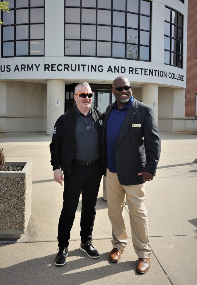 “When I see guys who served here back when I was here who are still a part of this and still giving back here, that warms my heart,” said John Troxell (left) during his visit to Fort Knox. “I know we have leaders who saw how it used to be and they’re now part of bringing renovation and relevancy to the installation.” He stands with U.S. Army Recruiting and Retention College operations director Walter Hampton (right) during a visit April 19, 2023, with whom he served while active duty.