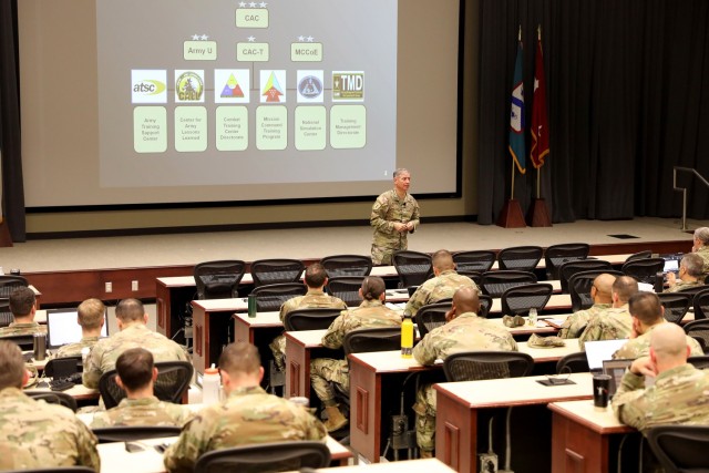 Combined Arms Center-Training Deputy Commander Col. Scott Woodward talks to students in the School for Command Preparation’s Battalion Tactical Commanders Development Course April 19, 2023 in DePuy Auditorium, Fort Leavenworth, Kan. The course, taught several times a year, is a requirement for battalion command selectees of tactical units. Photo by Tisha Swart-Entwistle, Combined Arms Center-Training.
