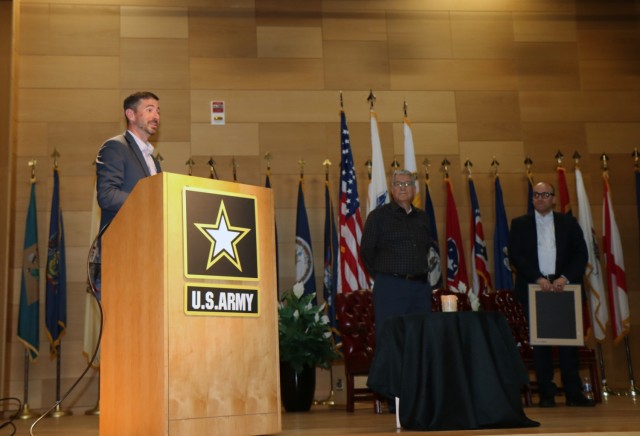 Program Executive Officer for Intelligence, Electronic Warfare and Sensors Mark Kitz delivers remarks at a Holocaust Day of Remembrance event hosted by Program Executive Office Intelligence, Electronic Warfare and Sensors at Aberdeen Proving Ground, Maryland.