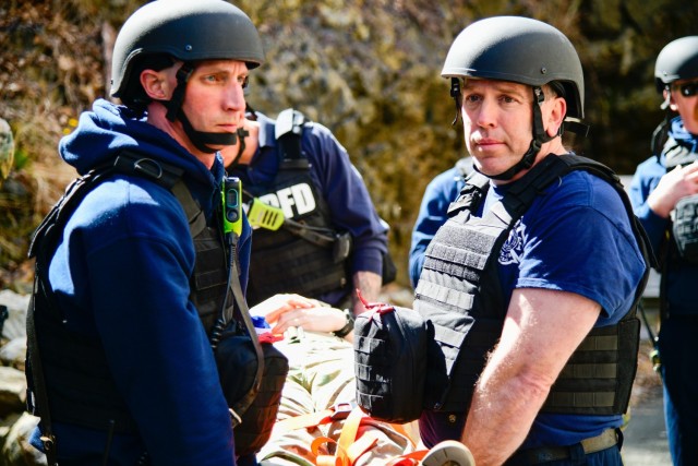 To counter an active-shooter threat, military, civilian, federal and state law enforcement, emergency response and medical personnel from the U.S. Military Academy conducted a full Force Protection Exercise on March 29 at West Point.