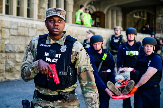 To counter an active-shooter threat, military, civilian, federal and state law enforcement, emergency response and medical personnel from the U.S. Military Academy conducted a full Force Protection Exercise on March 29 at West Point.