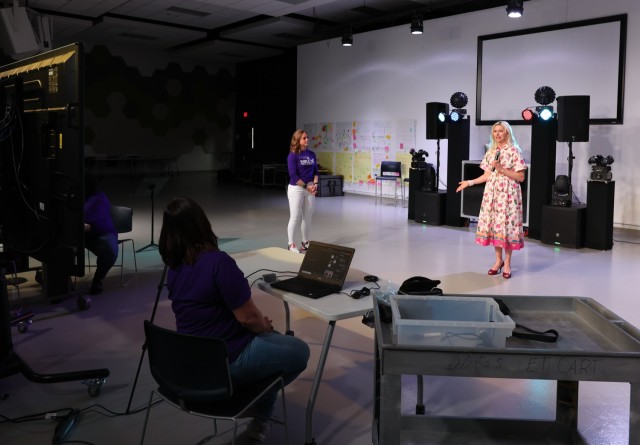 Kentucky First Lady Britainy Beshear addresses Fort Knox Middle High School students April 21, 2023 during her Purple Up Day visit to honor the Month of the Military Child.