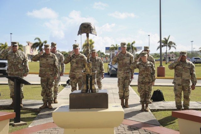 National Guard chiefs of staff from Region VII render a solemn salute at the Guam National Guard Fallen Heroes Memorial in Barrigada April 18, 2023. The delegation spent three days on the island to discuss regional issues, share best practices, and gain a better understanding of the uniqueness of Guam&#39;s operational and cultural environment.