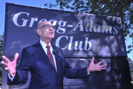 Retired Lt. Gen. Arthur J. Gregg enthusiastically thanks all those present for the ceremony and all supporting the renaming efforts following a sign unveiling April 19 at the newly named Gregg-Adams Club. Formerly the Lee Club, the facility was off limits to Gregg and his fellow Black Soldiers when he became an officer in 1950. Gregg shares the new name with Lt. Col. Charity Adams, who commanded a postal unit in an overseas theater of operations during World War II.