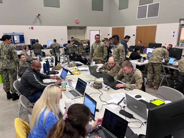 Members of the U.S.-Romania team take part in Exercise Locked Shields 2023 at the Morgantown Readiness Center in Morgantown, W.Va. The West Virginia National Guard, under the leadership of the Defense Information Security Agency, hosted more than 180 technical cyber experts and supporting representatives from federal and state agencies to compete on behalf of the U.S.-Romania team in the world’s largest international cyber defense exercise run virtually by the NATO Cooperative Cyber Defence Centre of Excellence in Tallinn, Estonia.