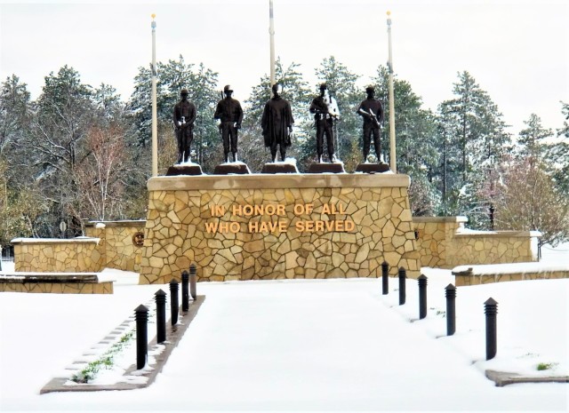 April snow at Fort McCoy&#39;s Veterans Memorial Plaza