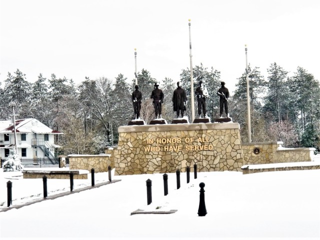 April snow at Fort McCoy&#39;s Veterans Memorial Plaza