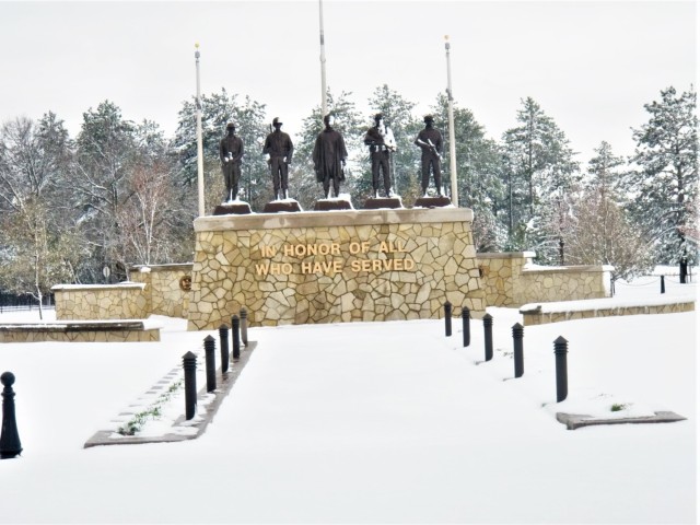 April snow at Fort McCoy&#39;s Veterans Memorial Plaza