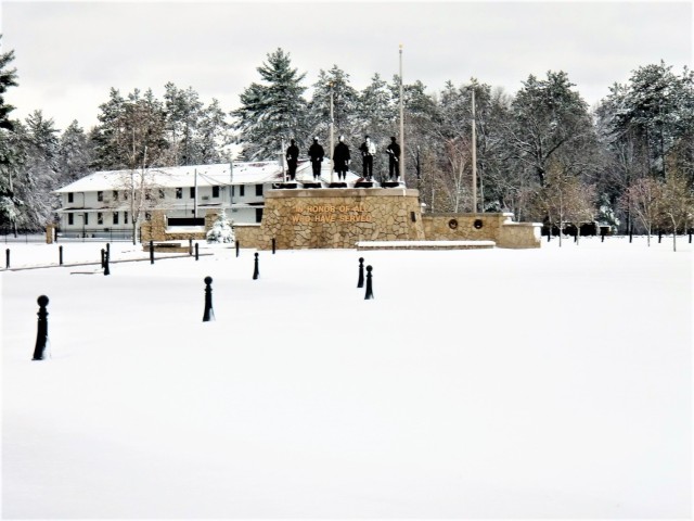 April snow at Fort McCoy&#39;s Veterans Memorial Plaza