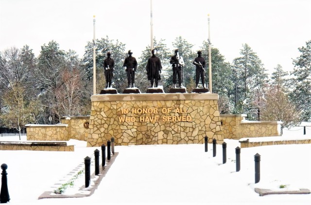 April snow at Fort McCoy&#39;s Veterans Memorial Plaza