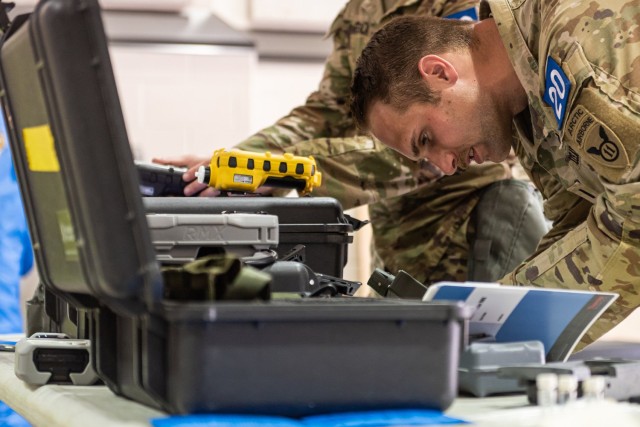 1st Lt. Connor Macky, with the 95th Chemical, Biological, Radiological and Nuclear Company at Joint Base Elmendorf-Richardson, Alaska, monitors radiation levels using a multipurpose radiation detection system on Wednesday at Nord Hall.