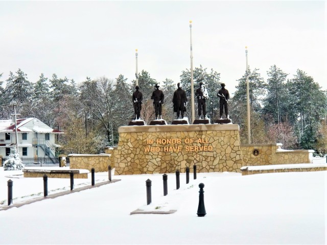 April snow at Fort McCoy&#39;s Veterans Memorial Plaza