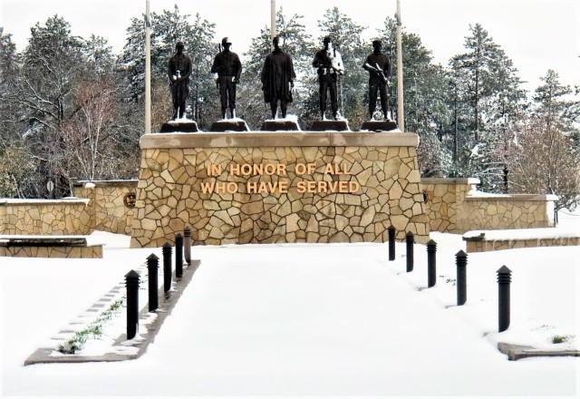 April snow at Fort McCoy&#39;s Veterans Memorial Plaza