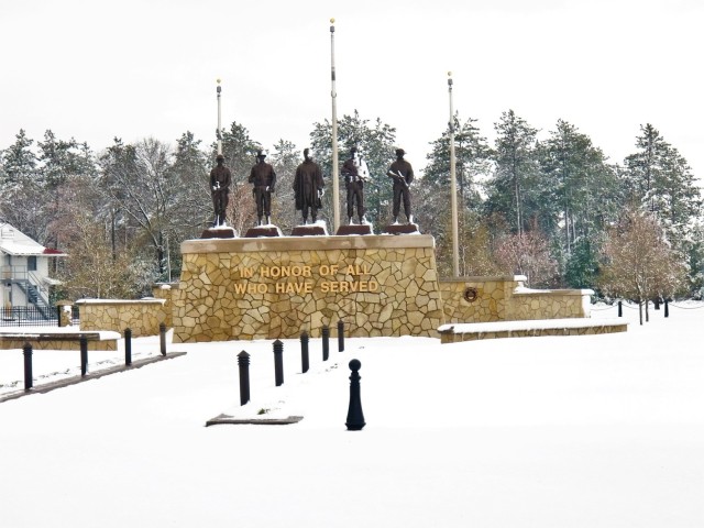 April snow at Fort McCoy&#39;s Veterans Memorial Plaza