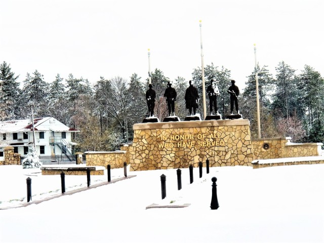 April snow at Fort McCoy&#39;s Veterans Memorial Plaza