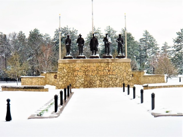 April snow at Fort McCoy&#39;s Veterans Memorial Plaza