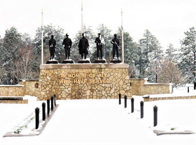 April snow at Fort McCoy&#39;s Veterans Memorial Plaza