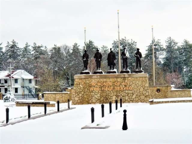 April snow at Fort McCoy&#39;s Veterans Memorial Plaza