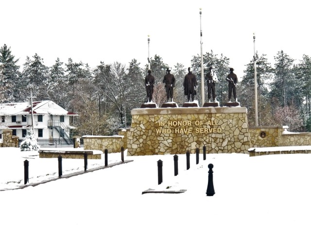 April snow at Fort McCoy&#39;s Veterans Memorial Plaza