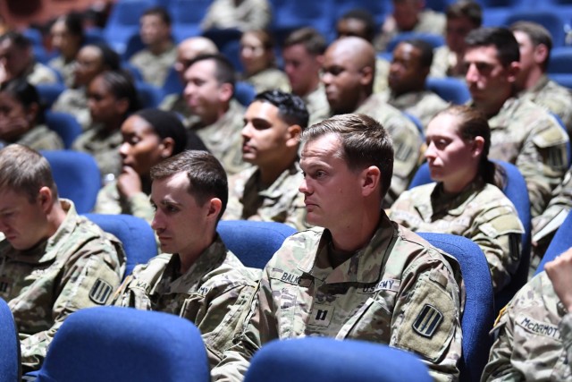 Capt. Jake Balke, with the 193rd Infantry Brigade, listens to a panel of general officers speak, April 21. Balke, and other junior officers and ROTC cadets from across South Carolina, were in the Post Theater to learn first hand from a Army leaders.