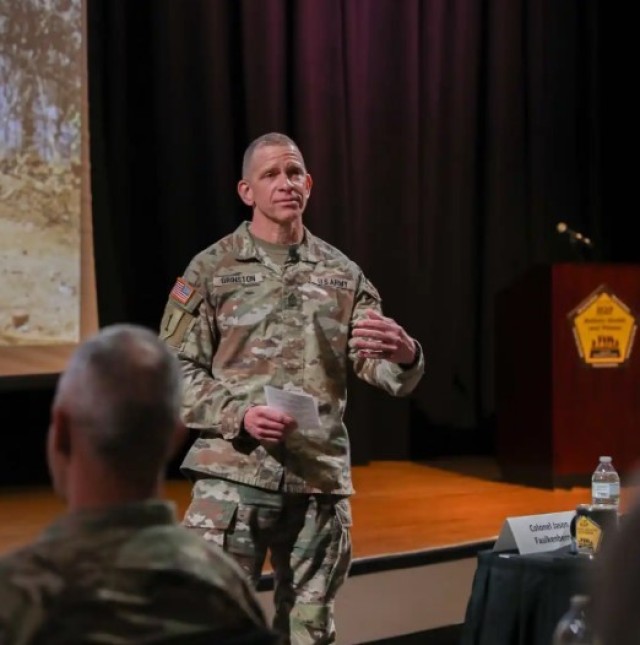 Sergeant Major of the Army Michael A. Grinston speaks to a crowd at the H2F Symposium at Fort Eustis, Va., held from April 25-26, 2023. 