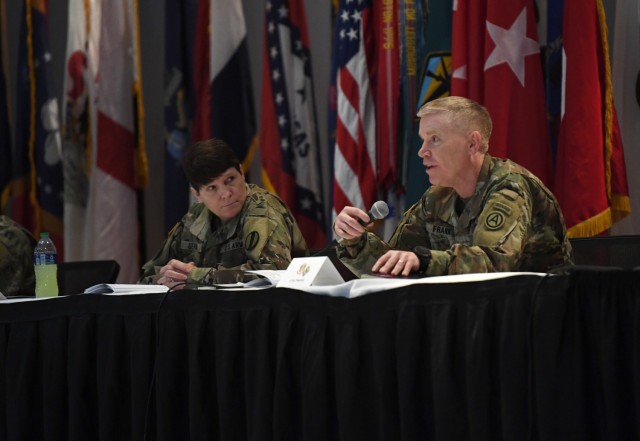Lt. Gen. Maria Gervais, TRADOC deputy commander, listens as Lt. Gen. Patrick Frank, U.S. Army Central commander, answers a question during the Lt. Gen. Stephen M. Twitty Leadership Development Forum.