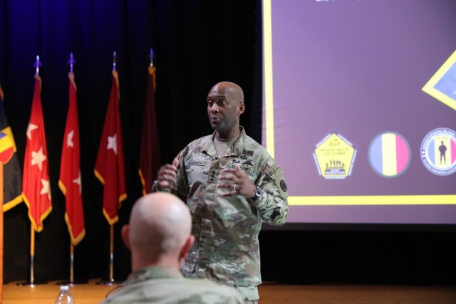 Lt. Gen. Xavier Brunson, the commanding general of the I Corps, speaks at the H2F Symposium at Fort Eustis, Va., held from April 25-26, 2023. 
