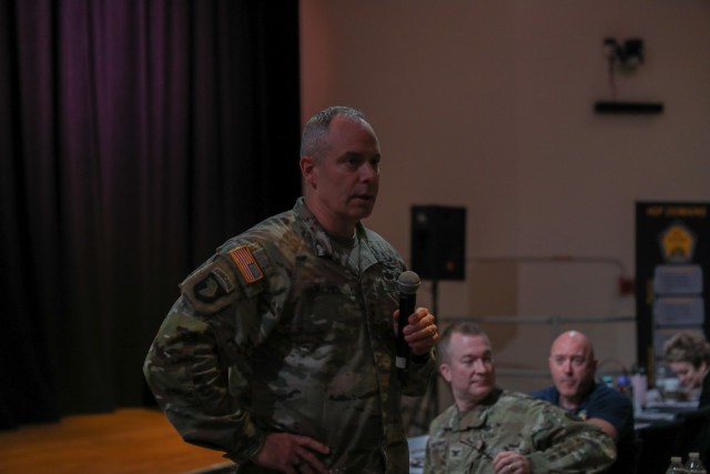 Maj. Gen. John Kline, commanding general of the U.S. Army Center for Initial Military Training, speaks at the H2F Symposium at Fort Eustis, Va., held from April 25-26, 2023. 